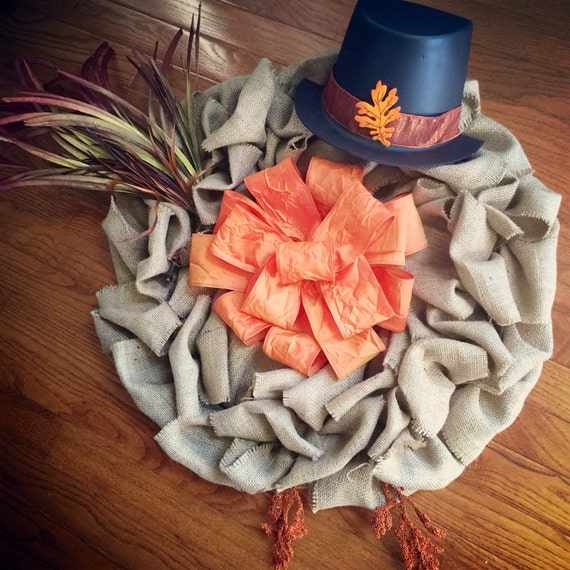 Burlap Turkey Wreath with Hat Feathers and Feet for