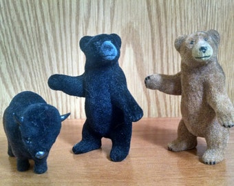 2 Vintage Flocked Bears And A Flocked Bison, Buffalo