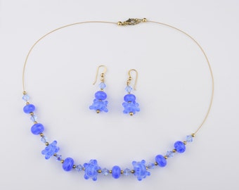 Blue Handmade Lampwork Beaded Necklace and Earring Set