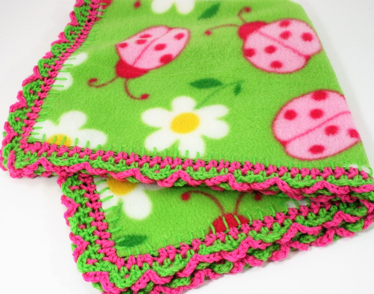 Crochet Edge Fleece Blanket Green And Pink by MonaSewingTreasures