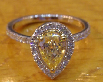 Diamond Engagement Ring, 14K White Gold Ring, Yellow Diamond Engagement Ring, Vintage Halo Ring, Art Deco Engagement