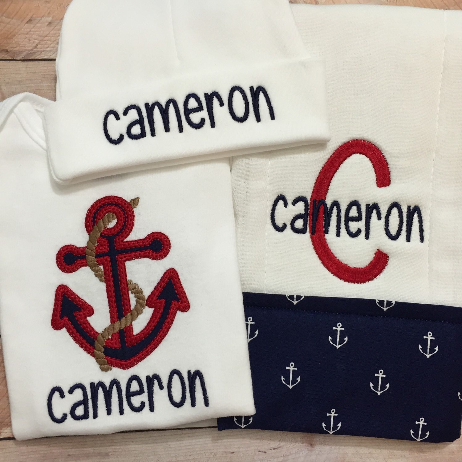 Anchor Baby Set Includes Bodysuit Burp Cloth Bib or Hat.