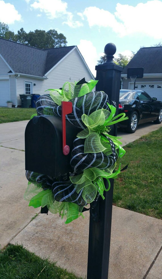 Lime Green and Black Deco Mesh Mailbox Wreath / Mailbox Swag