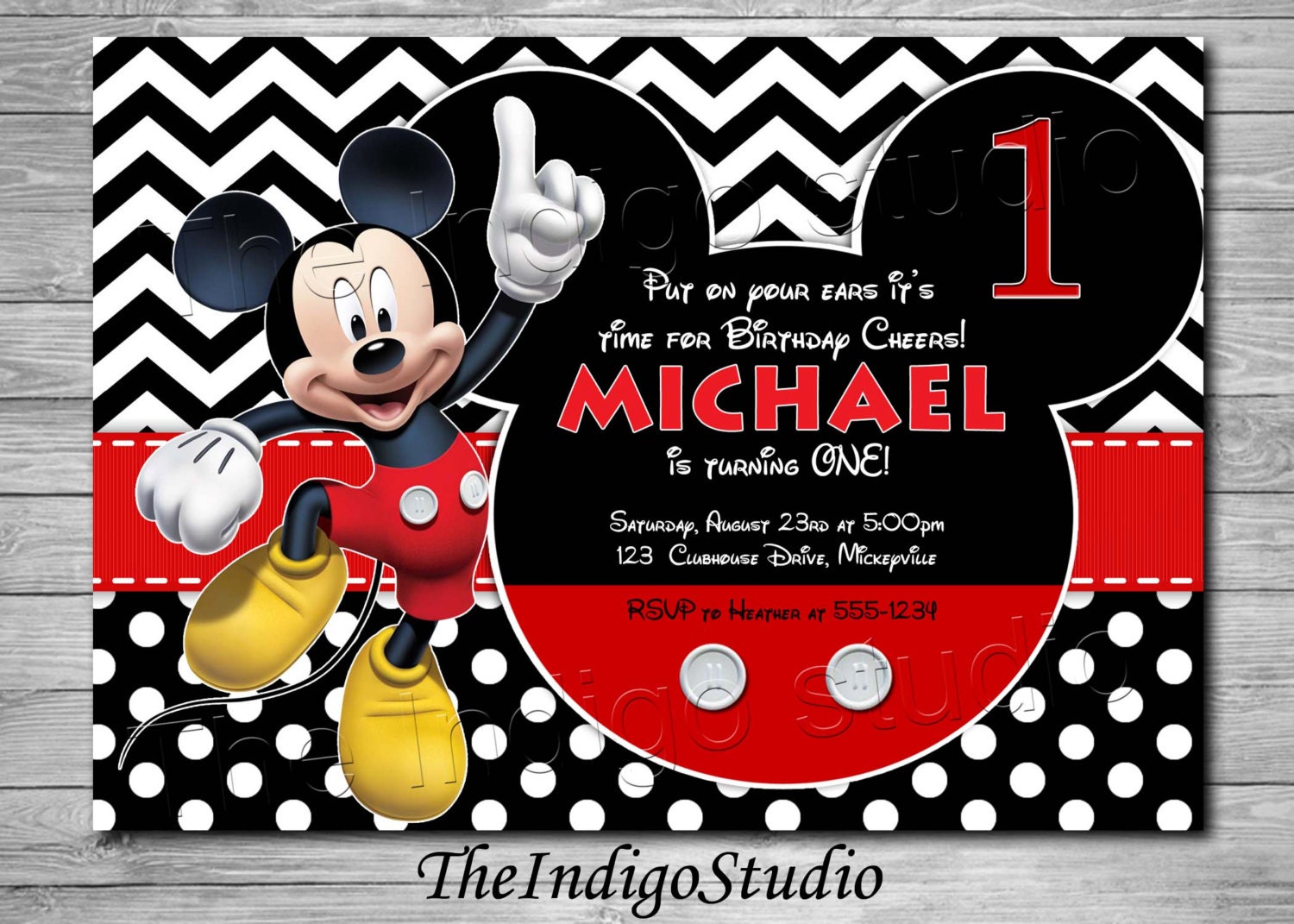 Mickey Mouse 1st Birthday Invite Card age one Personalized