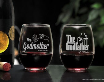 Stemless Wine Glasses with The Godfather Movie Logo, Personalized Will You Be My Godparents Gift, Godfather and Godmother Barware Gift Set