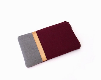 Zippered smartphone pouch, linen, gray, vine red, gold, custom made, smartphone iPhone, skin for iPhone, Galaxy S7, iPhone7, Galaxy phone
