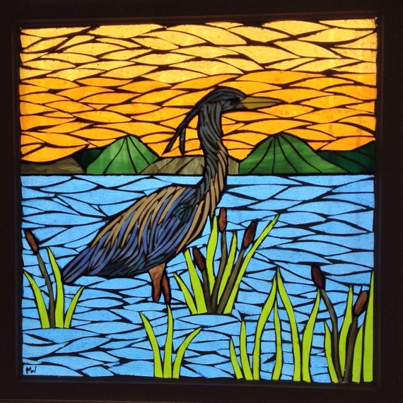 Heron Stained Glass Mosaic - Blue Heron Mosaic Panel - Sunset Landscape