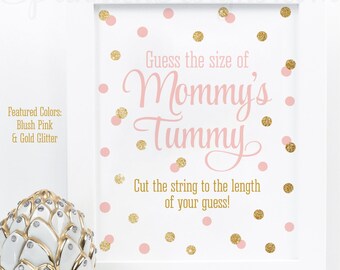 Baby Shower Games - How Big Is Mommy's Belly, Guess The Size of Mommy's Tummy, Blush Pink Gold Glitter Printable Baby Girl Shower Game Ideas