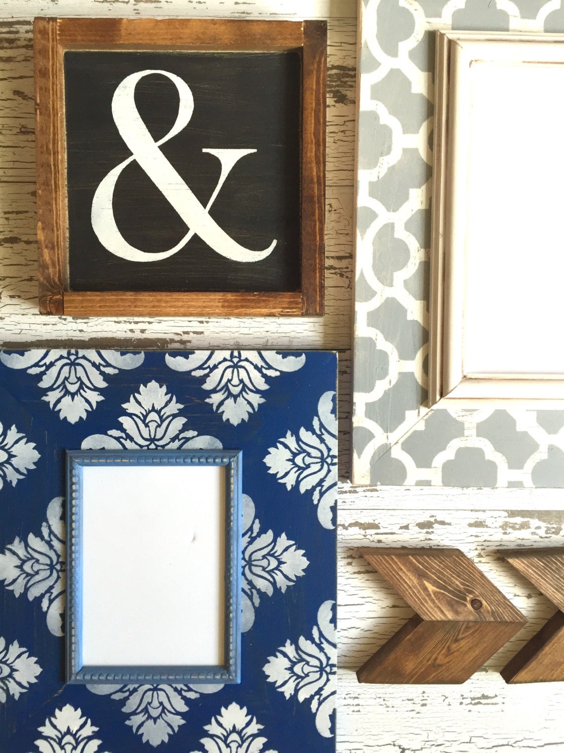 Gallery Wall of Frames in Navy Gray and Vintage White Damask