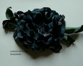 Handmade gray satin flower brooch, gray flower pin
