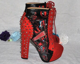 Handmade Custom Deadpool Block Heel Spiked Boots - Fashion Comic Book Marvel Shoes