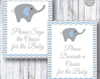 Blue & Gray Elephant PRINTABLE Baby Shower Decorate a Onesie Sign - Sign a Onesie - Baby Shower Game Activity - Grey - Chevron