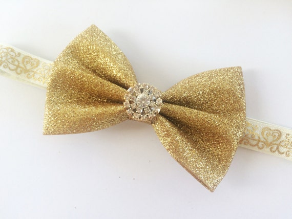 Glitter Gold Bow for Girls - Glitter Gold Hair Bow Headband for Christmas - Gold Sparkle Hair Bow - Holiday Bow for Girls - Ivory Headband