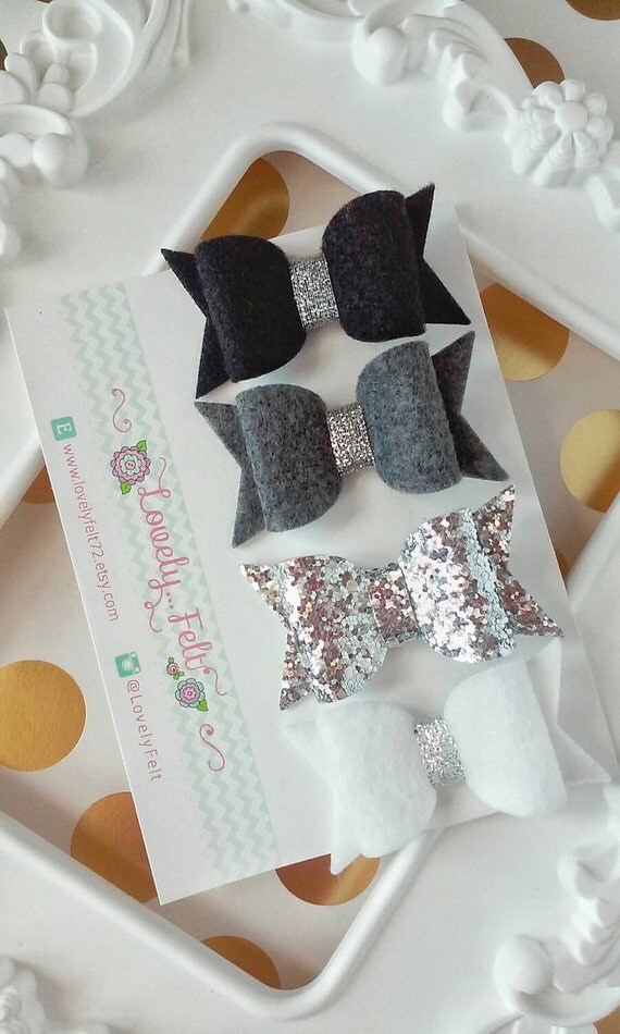 Items similar to Felt Bow Hair Clips Set Handmade Black, Gray, White