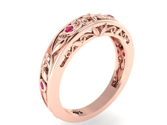 Rose Gold Wedding Ring Natural Bloody Red Ruby Stones Ring