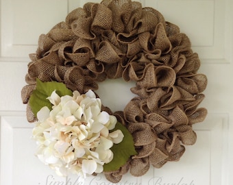 Beautiful and full Tan burlap wreath accented with a cream hydrangea, Spring burlap wreath, Mother's Day wreath, Fall burlap wreath, summer