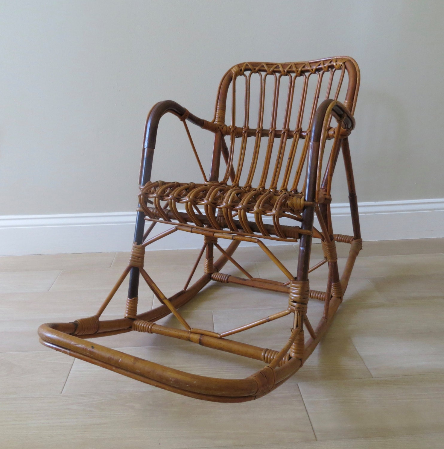 RESERVED-ON SALE-Vintage Rattan Child Rocking Chair Franco