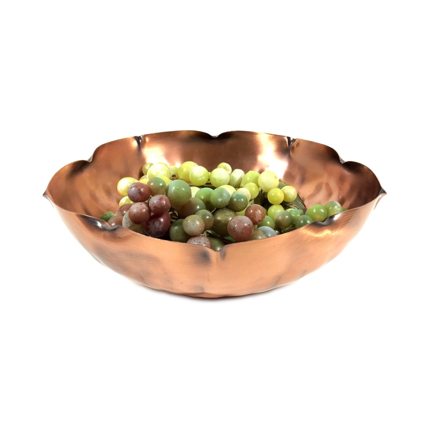 Large 10″ Vintage Hammered Copper Footed Pedestal Bowl with Fluted Rim by Gregorian Copper, 10