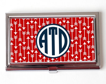 Monogram Business Card Holder - Personalized Business Card Holder - Red & Navy Blue Monogram Business Card Holder