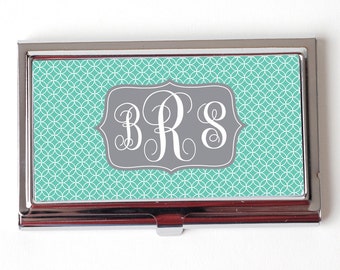 Monogram Business Card Case - Mint Monogram Business Card Holder - Circles Gray Silver Business Card Case
