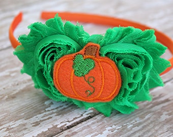 Pumpkin headband - fall headband - satin lined headband - girls headband - pumpkin picking headband - harvest headband - green and orange