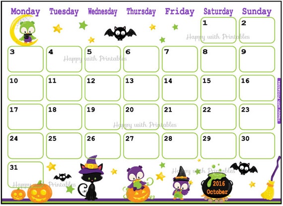 SALE Printable Calendar October 2016 by HappywithPrintables - 2016 Halloween Calendar SALE Printable Calendar October 2016 by HappywithPrintables - 2016 Halloween Calendar
