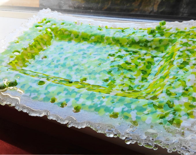 Rectangular lime green fused glass platter / shallow serving dish. Decorative accent tray. Wedding anniversary, birthday, housewarming ideas