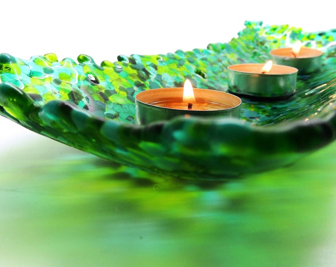 Emerald glass nibbles dish. Glass tealight holder. Green glass trinket dish. Christmas, wedding, housewarming anniversary gift. Contemporary