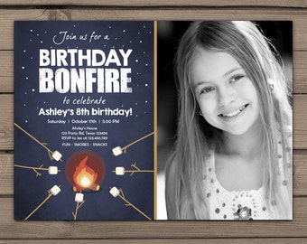 Birthday bonfire invitation Bonfire party invitations Bonfire Campout Birthday party invitation Marshmallows Digital PRINTABLE ANY AGE