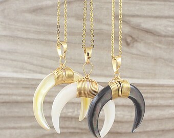 Crescent Moon Necklaces // Tribal Ox Horn Double Horn Necklace // Electroplated Gold Double Horn Abalone Shell Jewelry Necklace Layering