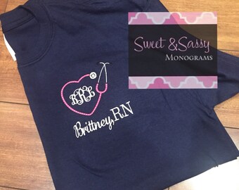 Nurse Heart Stethoscope Custom Monogrammed T-Shirt, Nurse Shirt, Nurse Gift