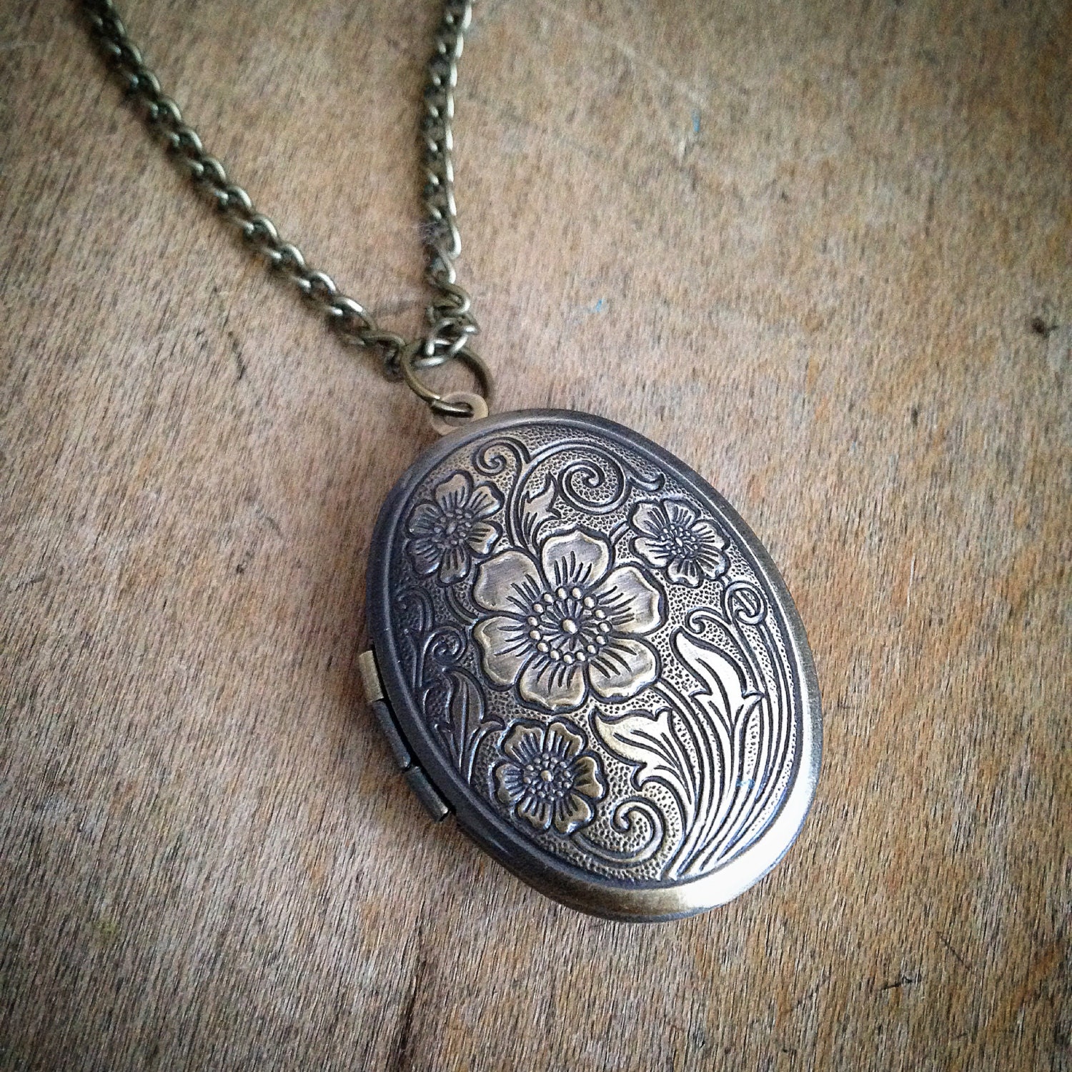 Polished Antique Bronze Picture Locket Necklace Vintage