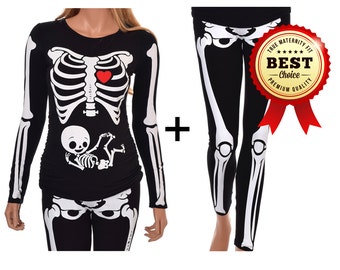 Halloween Maternity Shirt and Leggings Skeleton with Neutral Baby True MATERNITY Fit Costume - Includes Shirt and Leggings