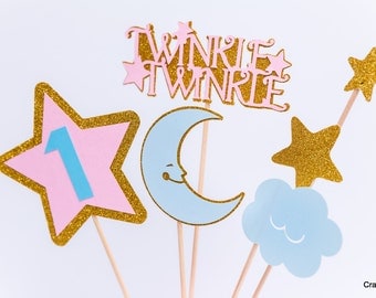 Twinkle Twinkle Little Star First Birthday, Twinkle Little Star centerpiece, Smash Cake Banner, Pink and gold birthday, Star decor