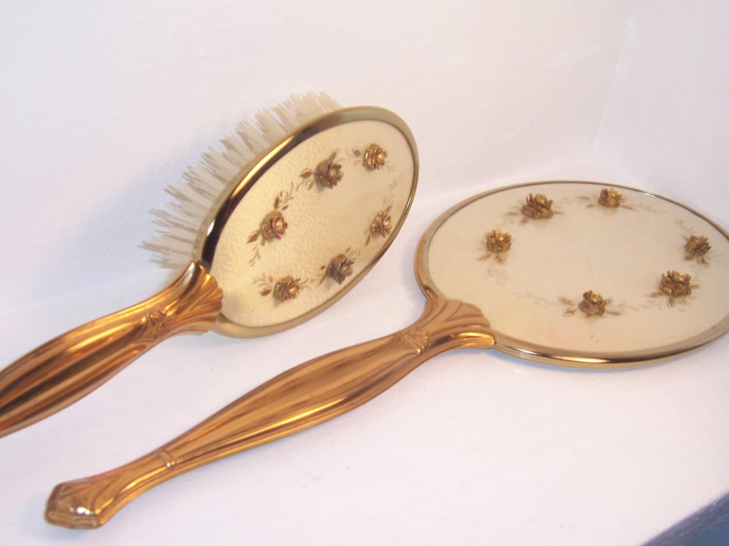 Vintage Gold Floral Hair Brush and Mirror Set