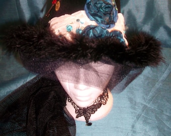 Bespoke/steampunk/goth BowlerHat-velvet -ivory taffeta fabric&teale embellishments