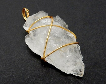 Crystal Quartz Arrowhead Pendant Wire Wrapped Gold Tone Arrow Head Charm (RK40B1b)