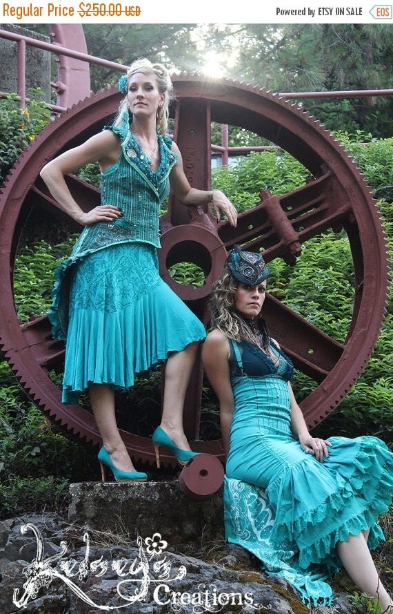 ON SALE High Waisted Skirt - Medium, Turquoise, Victorian, Steampunk, Burning Man, Black Dress, Ruffled Skirt, Brass, Burning Man, Victory S by KelseysCreationsShop steampunk buy now online