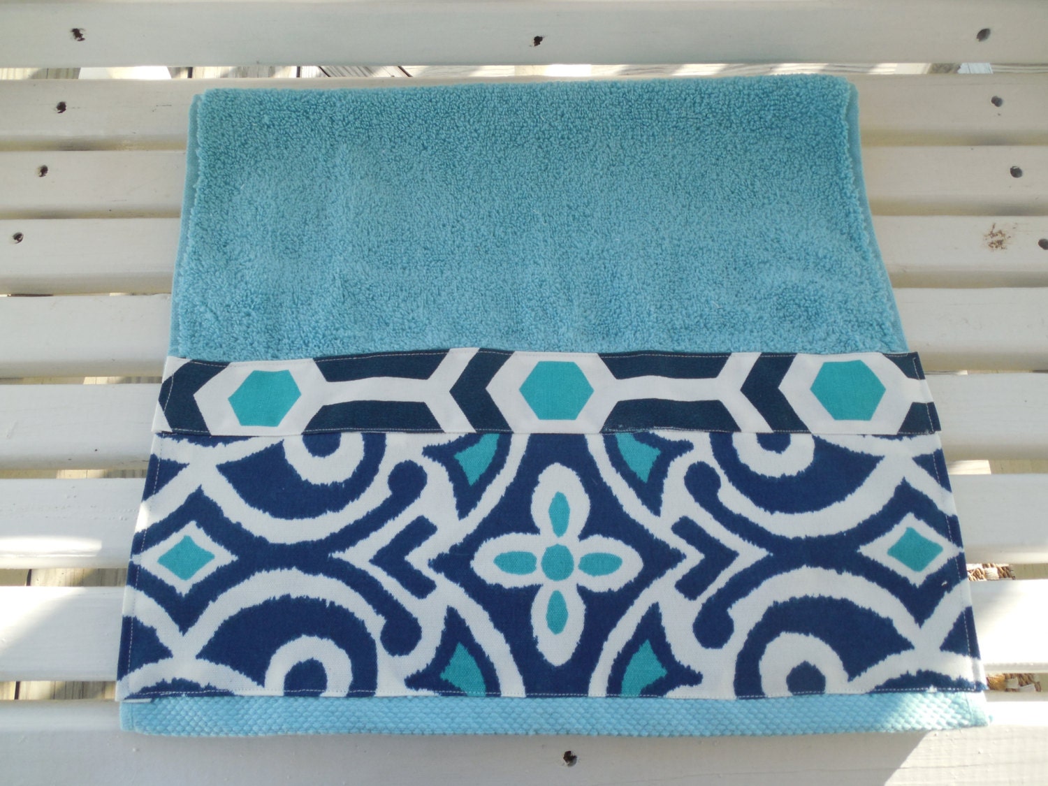 Navy Teal Hand Towel Abstract Ikat Geometric Aqua Modern Bath