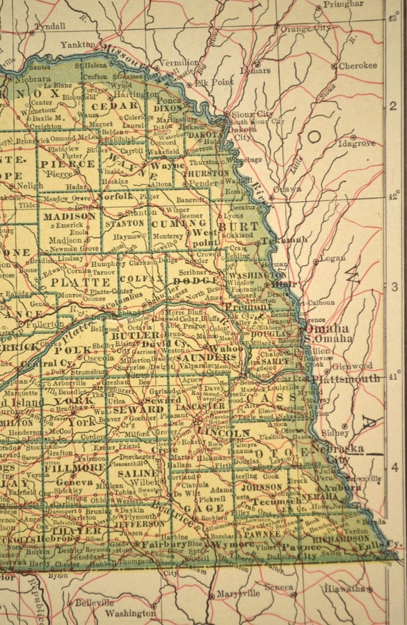 Nebraska Map Nebraska Original Railroad Antique 1920s Yellow