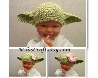 Crochet Baby Yoda Hat with Ears, Boy/Girl Yoda Hat, Baby Shower Gift,Photo Prop,Newborn Baby Coming home outfit