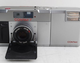 Vintage Contax T 35mm Film Camera Carl Zeiss T* Sonnar 38 mm 2.8 lens with Dedicated Flash (T14) with Strap