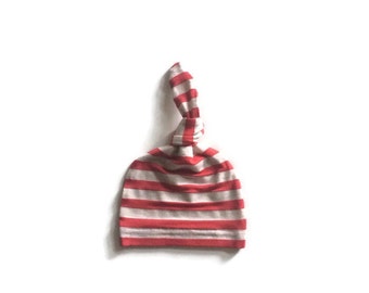 Bamboo Newborn hat, hospital hat, infant hat, baby hat, take home, knot hat in red and oatmeal stripe READY TO SHIP!!