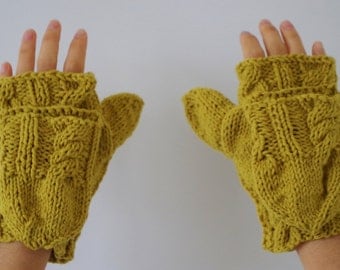 Chartreuse Hand-knit Mittens with Flap