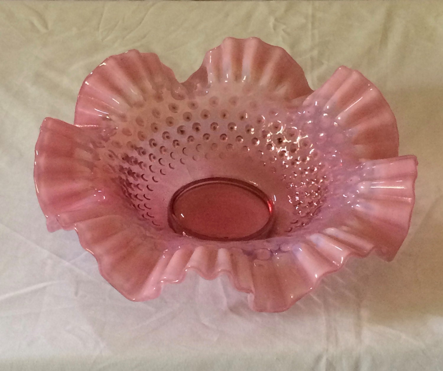 Glass Hobnail Ruffled Pink Bowl with White Opal Milk Glass