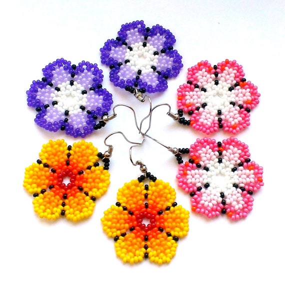 Flower Seed Bead Earrings Set Of Earrings Round Beaded Earrings