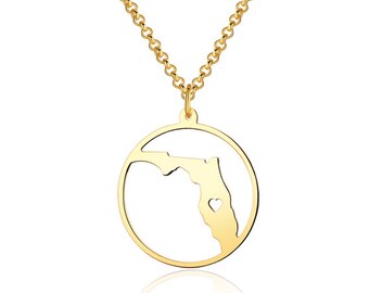 Florida Necklace - 18K Gold plated Florida Map Pendant - State Necklace - Map necklace with circle - Can be made at any State