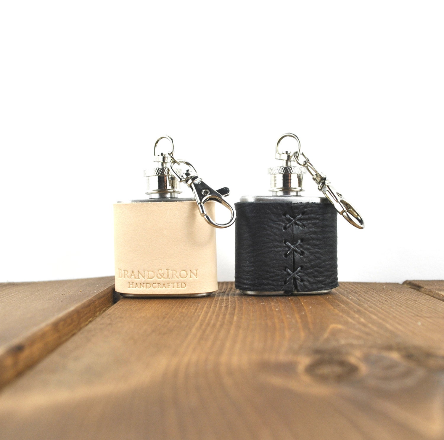 1 oz leather keychain flasks customizable horween by BrandIron