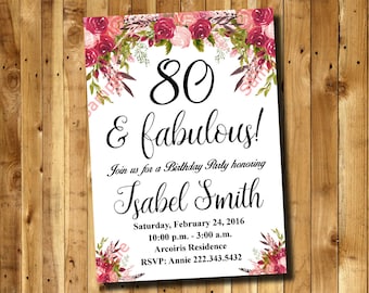 80th Birthday Invitation - Watercolor Flowers Invitation - Floral Invitation - Women Invitation Digital File