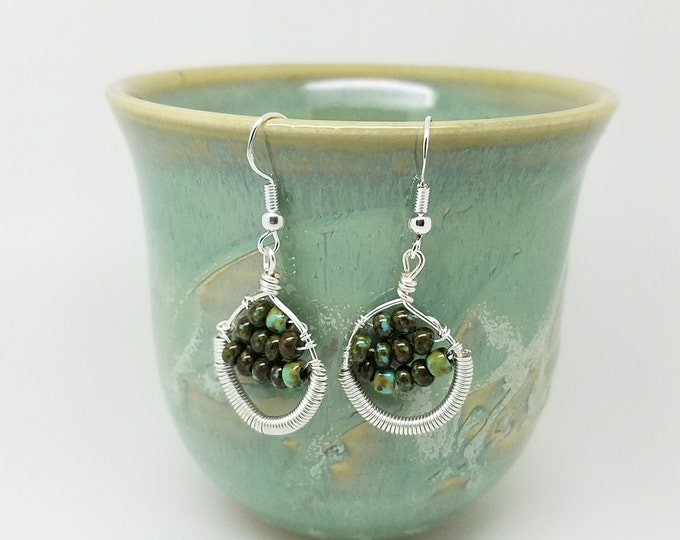 Silver and green earrings, coil silver earrings, silver wire coil earrings, green earrings, silver green earrings